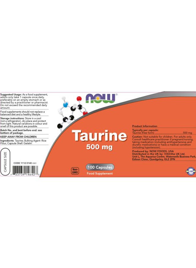 Now Foods Taurine Dietary Supplement 500 mg - 100 Capsules - Image 5