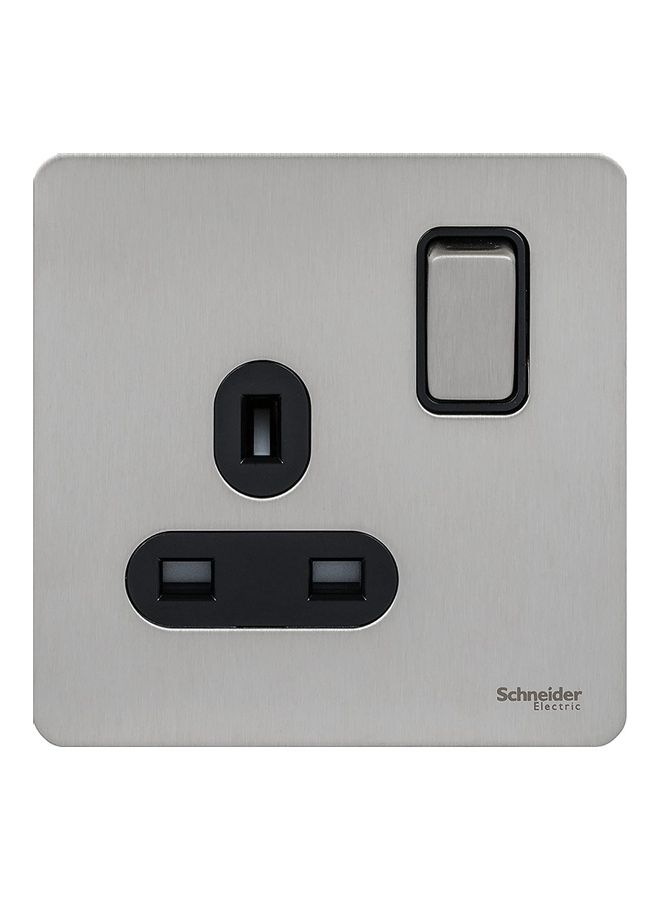 Schneider Electric Stainless Steel Screwless Flat Plate 13A 1 Gang Single Switch Socket Silver/Black  - Image 1