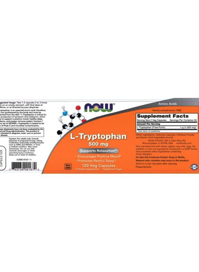 now L-Tryptophan 500mg Dietary Supplement - 60 Veg Capsules - Image 4