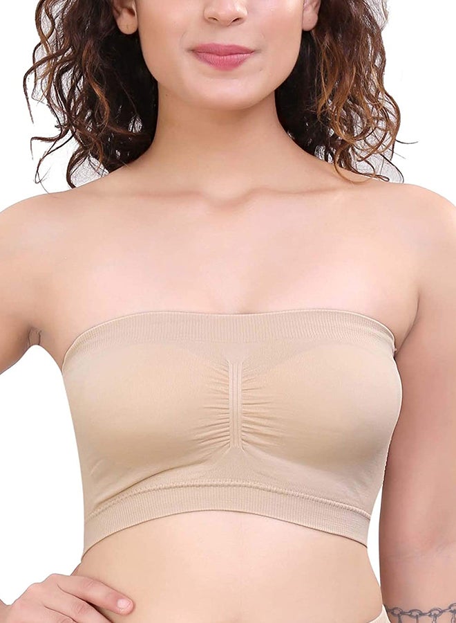 Glamroot - Women's Strapless Seamless Padded Bandeau Tube Top Bra, Removable Pads Black/Beige - Image 1