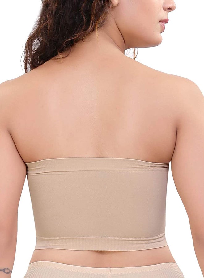 Glamroot - Women's Strapless Seamless Padded Bandeau Tube Top Bra, Removable Pads Beige/White - Image 1