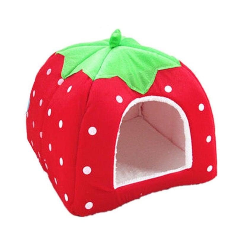 EHOME Foldable Strawberry Pattern Soft Pet House With Cushion Red/Green/White XS - Image 4
