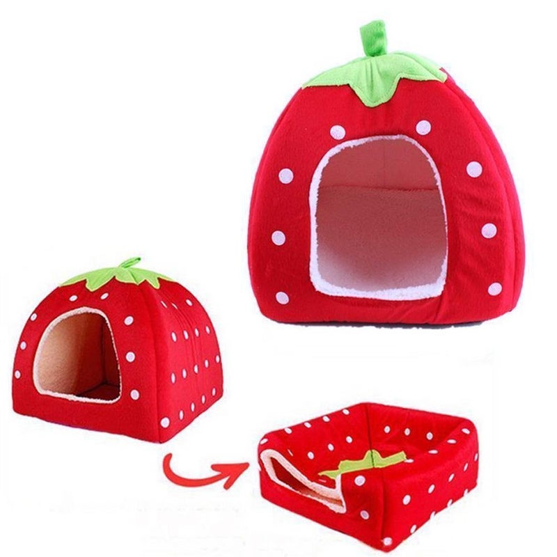 EHOME Foldable Strawberry Pattern Soft Pet House With Cushion Red/Green/White XL - Image 3