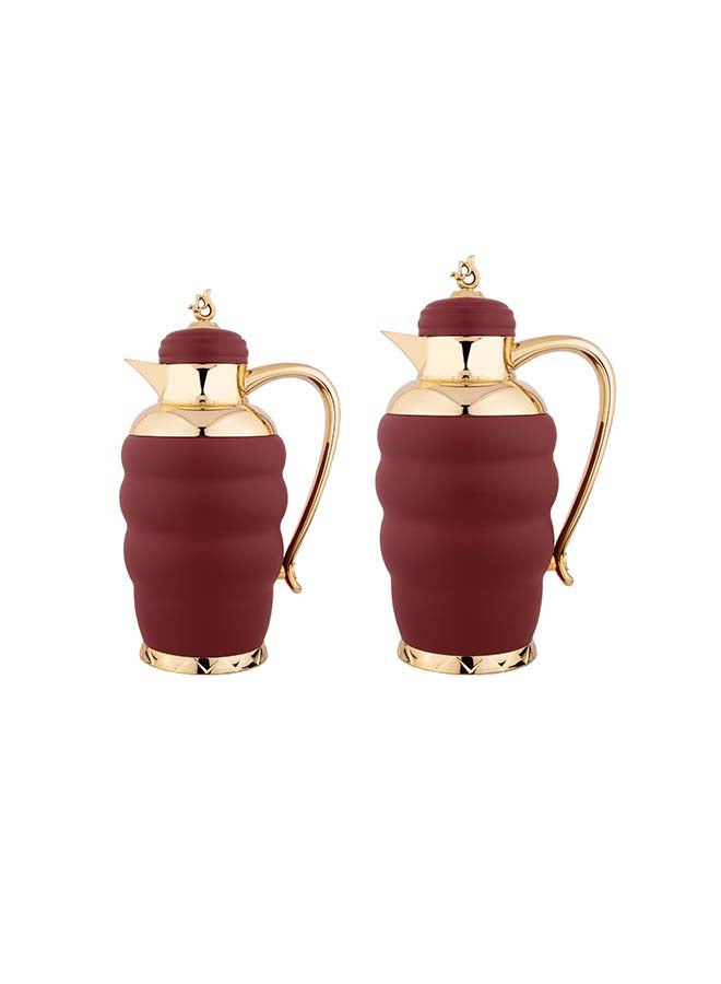 Alsaif Tohamh 2 Pieces Coffee and Tea Vacuum Flask Set Matt Dark Red/Gold 1700ml 