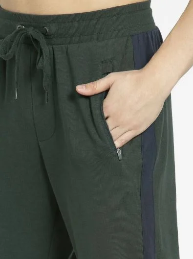 JOCKEY Comfortable Ribbed Waistband Athleisure Track Pant Green/Navy Blue