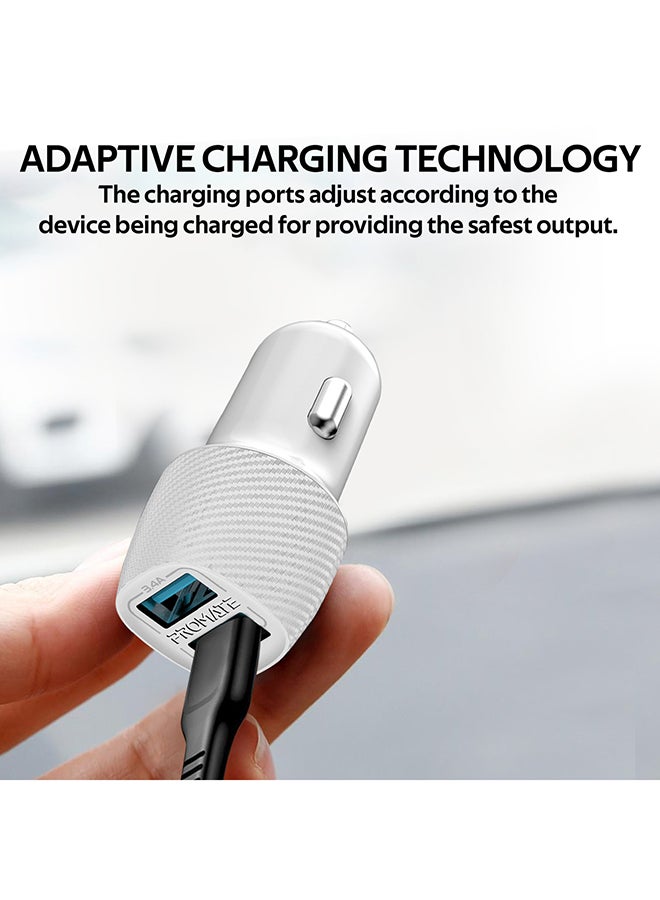 PROMATE 3.4A Car Charger, Universal Compact 3.4A Fast Charging Car Adapter with Smart Output Compatible and Short Circuit Protection for Smartphones, Tablet, All USB Enabled Devices, VolTrip-Duo White/Silver  - Image 3