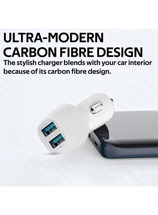 PROMATE 3.4A Car Charger, Universal Compact 3.4A Fast Charging Car Adapter with Smart Output Compatible and Short Circuit Protection for Smartphones, Tablet, All USB Enabled Devices, VolTrip-Duo White/Silver  - Image 4