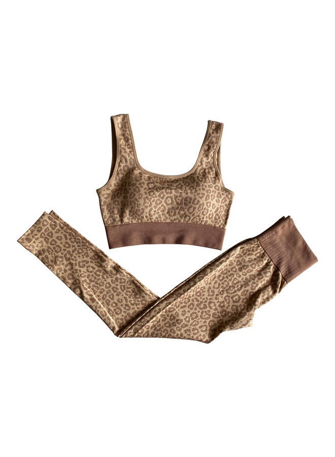 2 Piece Leopard Print Bra And High Waist Leggings Set Brown  - Image 2