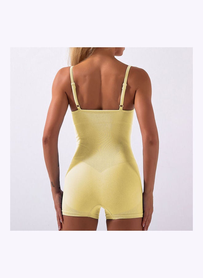 Women Spaghetti Straps Jumpsuits Yoga Workout Sportswear Solid Casual Rompers Yellow  - Image 3