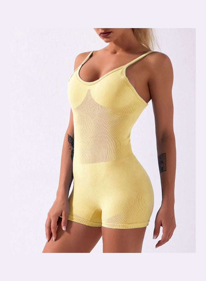 Women Spaghetti Straps Jumpsuits Yoga Workout Sportswear Solid Casual Rompers Yellow  - Image 1
