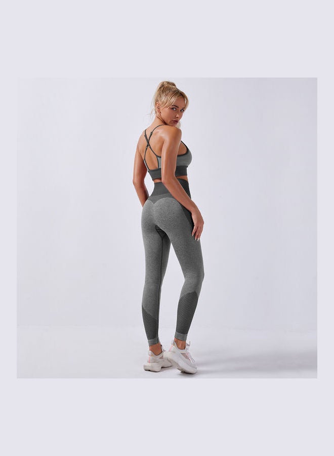 Women Workout Set Bra Tights Suit Adjustable Straps High Waist Leggings Dark Grey - Image 3