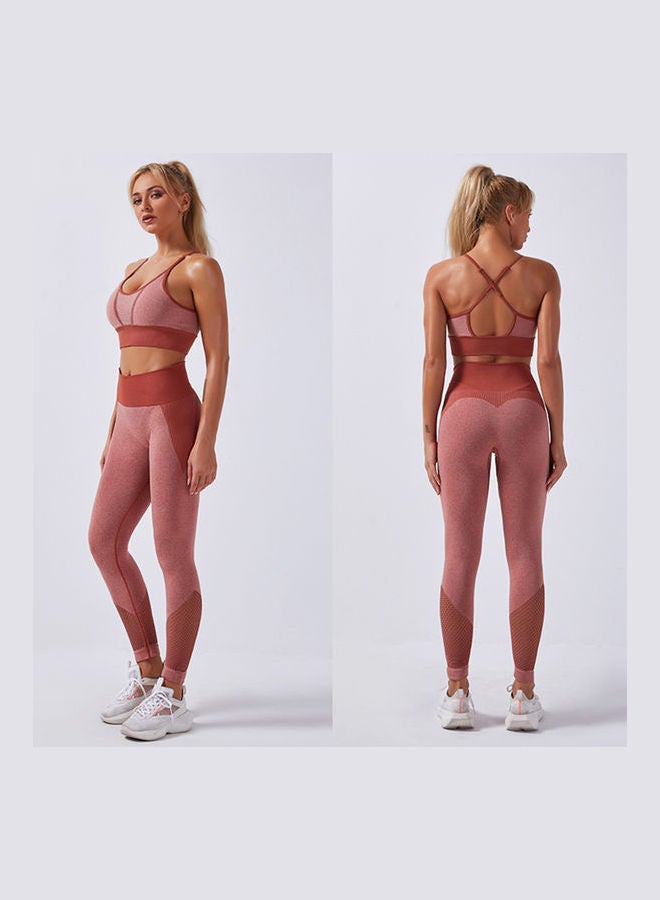 Women Workout Set Bra Tights Suit Adjustable Straps High Waist Leggings Pink - Image 3