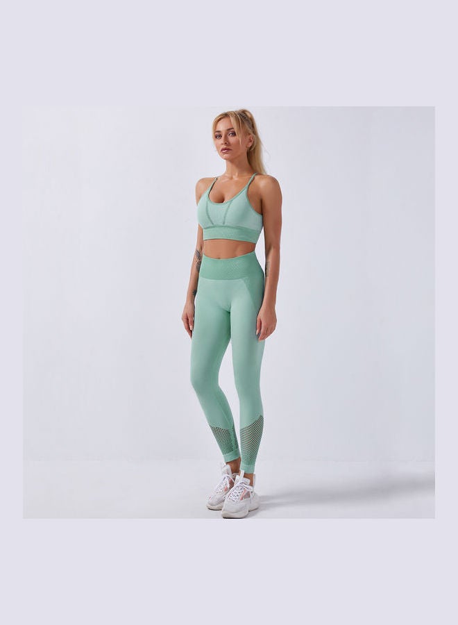 Women Workout Set Bra Tights Suit Adjustable Straps High Waist Leggings Light Green - Image 1