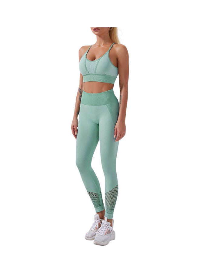 Women Workout Set Bra Tights Suit Adjustable Straps High Waist Leggings Light Green - Image 3