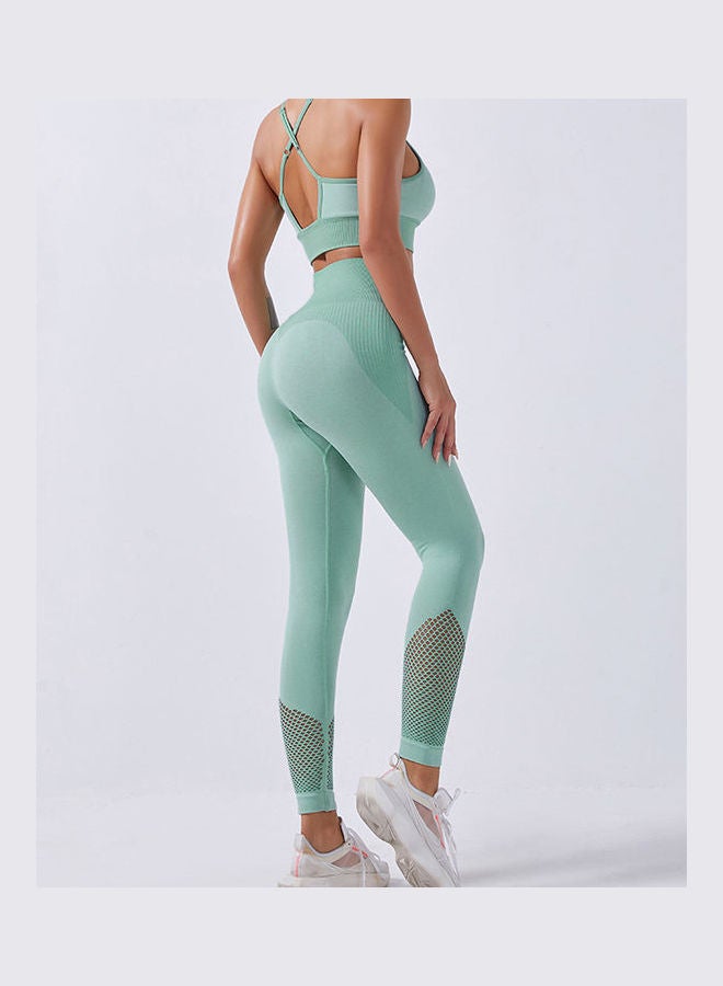 Women Workout Set Bra Tights Suit Adjustable Straps High Waist Leggings Light Green - Image 2