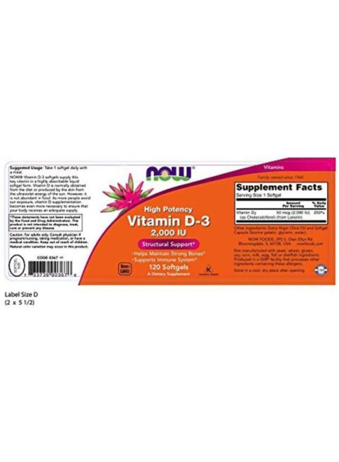 Now Foods High Protency Vitamin D-3 2000 IU Dietary Supplement - 120 Softgels  - Image 2