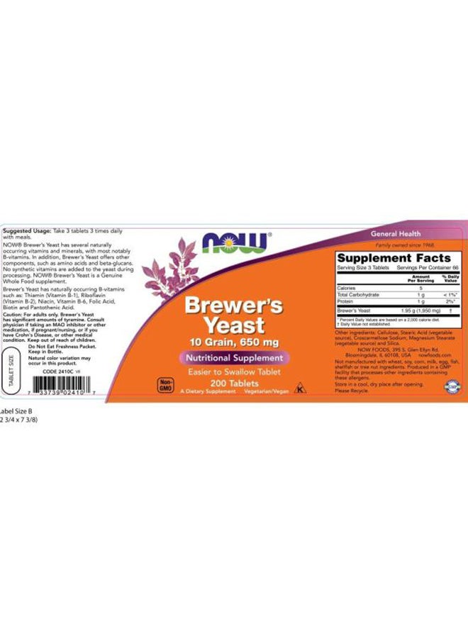 Now Foods Brewer'S Yeast 650 mg Nutritional Supplement - 200 Tablet - Image 2