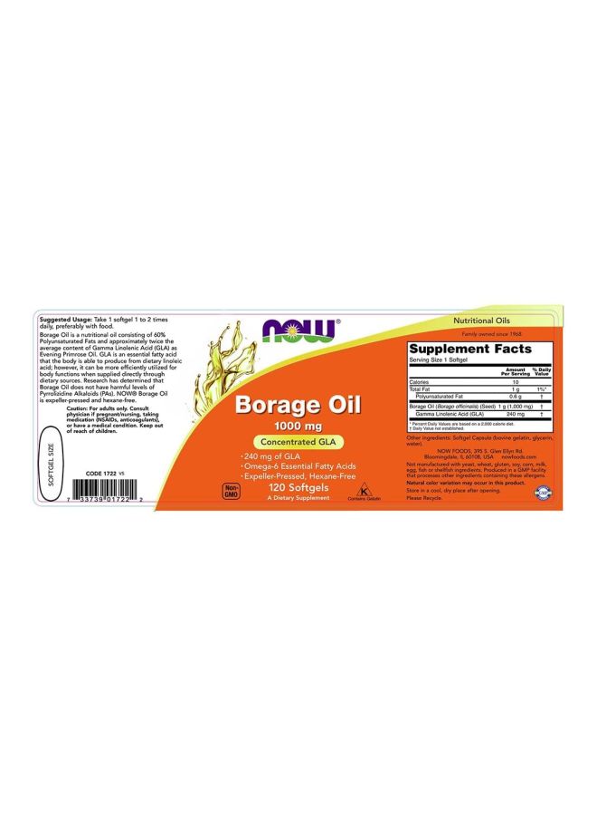 Now Foods - Borage Oil 1000mg Concentrated Gla Dietary Supplement - 120 Softgels - Image 1