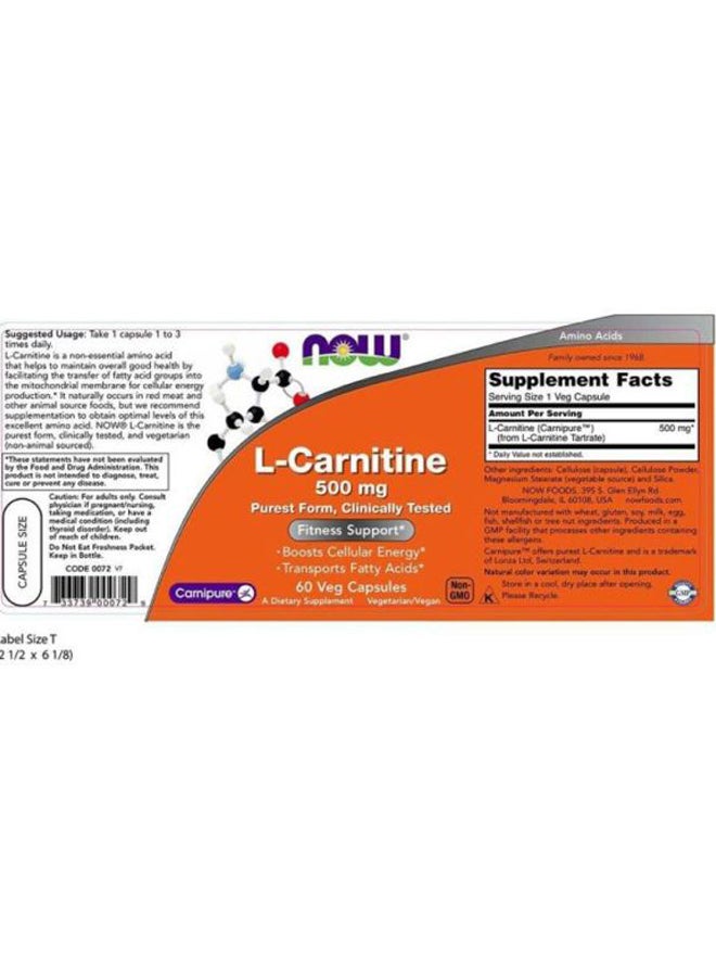 Now Foods - L-Carnitine Fitness Support 500mg - 60 Veg Capsules - Image 1