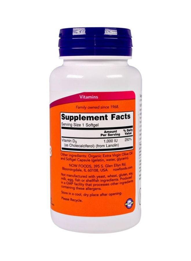 Now Foods Vitamin D-3 1000 IU - 180 Softgels - Image 2