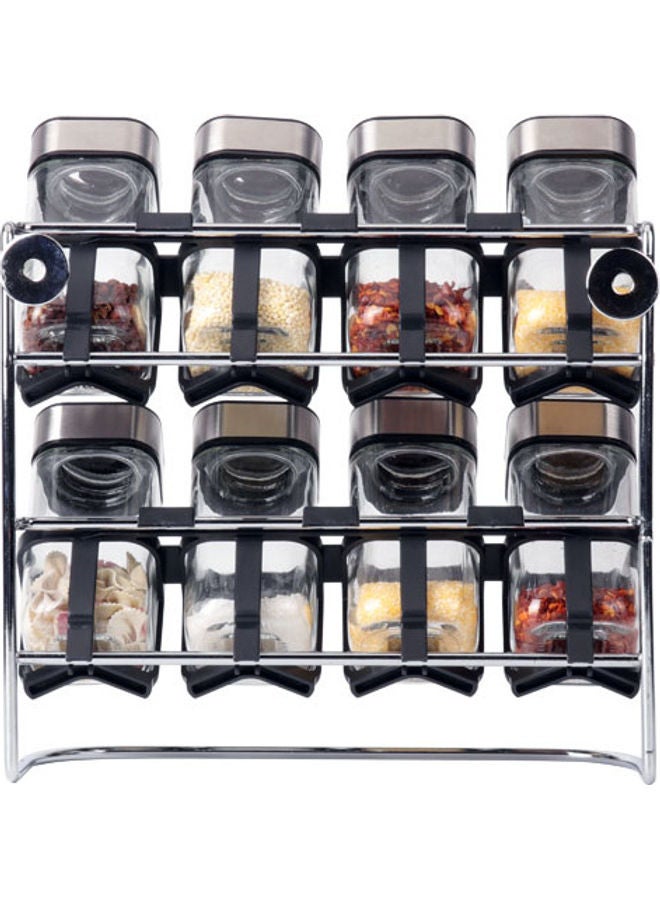 XiuWoo - 8-Piece Spice Jar And Two-Tiered Storage Rack Set Clear/Silver/Black 9.9x4.7cm - Image 1