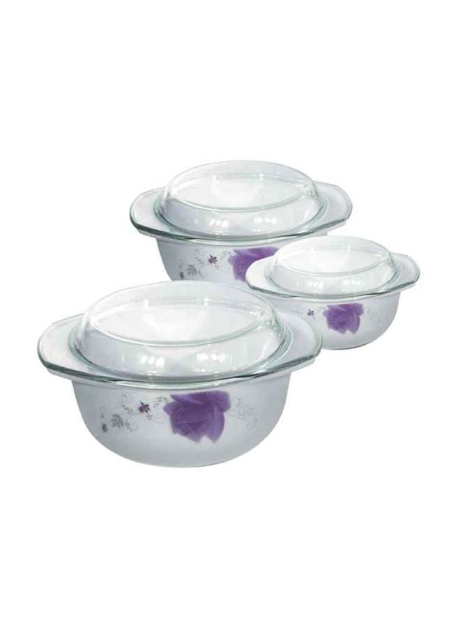 Royalford 3-Piece Multipurpose Opalware Casserole Set With Glass Lids White/Clear/Purple 2.4Liters  - Image 1