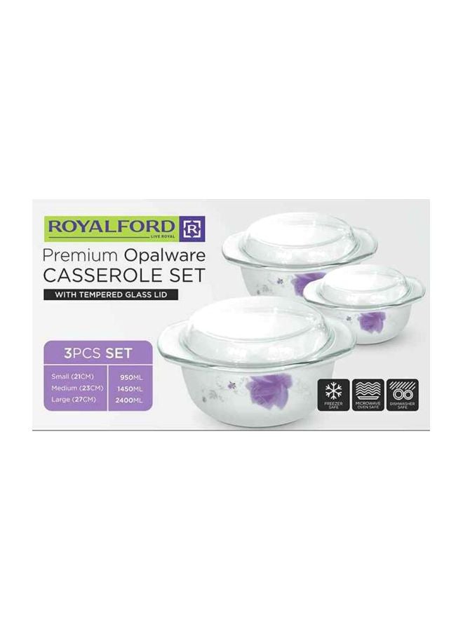 Royalford 3-Piece Multipurpose Opalware Casserole Set With Glass Lids White/Clear/Purple 2.4Liters  - Image 2