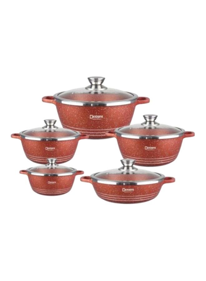 DESSINI 10-Piece Granite Cookware Set Red Very Small Casserole 20, Small Casserole 24, Medium Casserole 28, Large Casserole 32, Shallow Casserole 28cm 