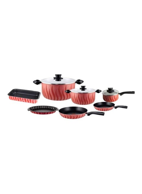 10-Piece Aluminum Tempo Flame Cookware Set Pink/Red/Black Frying Pan 1x20, Frying Pan 1x26, Saucepan With Lid 2x16, Stewpot With Lid 4x26, Tart 1x30, Rectangular Dish 1x(31x24)cm