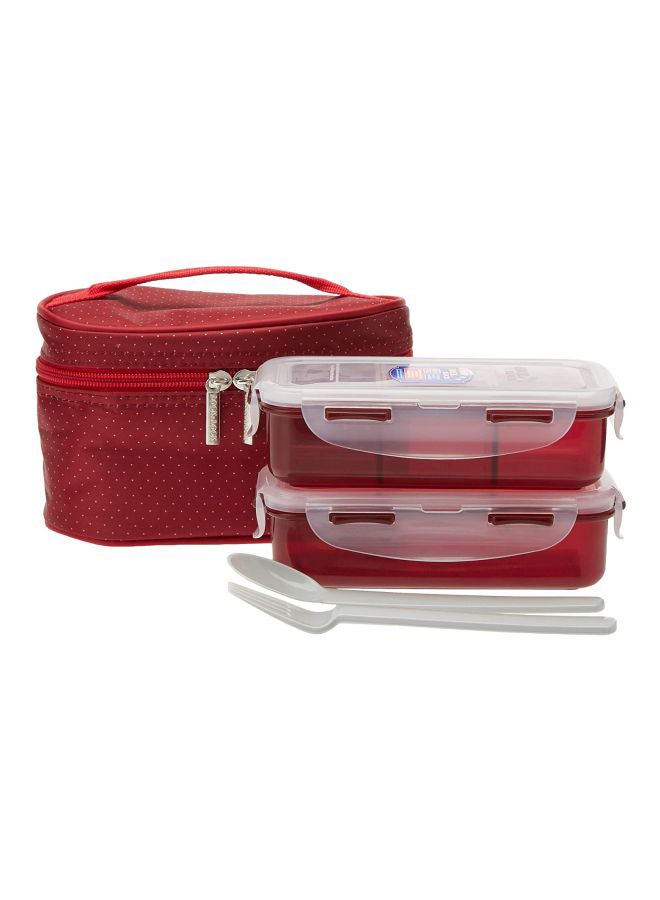 لوك اند لوك طقم صندوق غداء مع حقيبة مكون من 4 قطع أحمر/ شفاف/ أبيض 2x350ملليلتر - Image 1