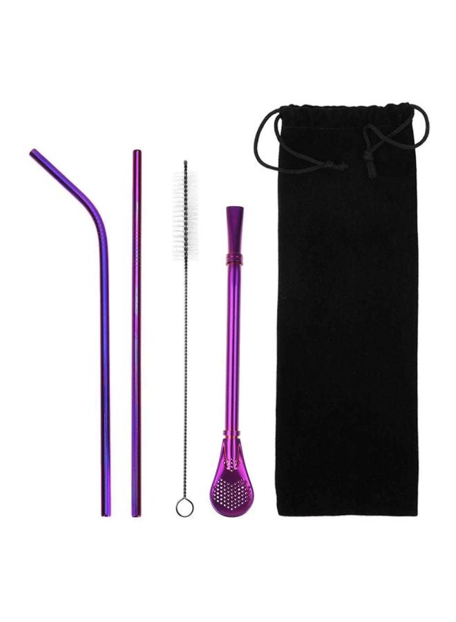 Sharpdo 5-Piece  Stainless Steel Straight Bent Drinking Straws With Cleaning Brush Kit Purple/Black 25.5x3.5x1.5cm  - Image 1