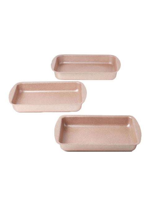 3-Pieces Granite Square Pan Set Beige Small Pan (32x22), Medium Pan (35x25), Large Pan (38x28)cm