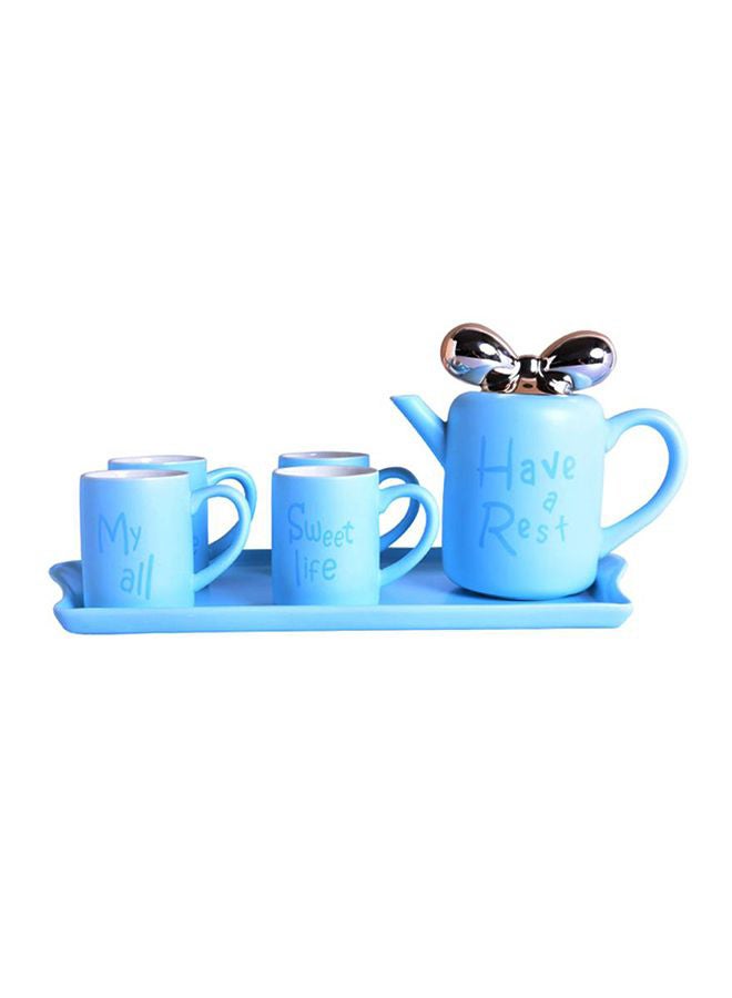 Sharpdo 6-Piece Ceramic Butterfly Knotted Teapot Set Blue 4x Tea Cup - 250, 1x Kettle - 860ml  - Image 1