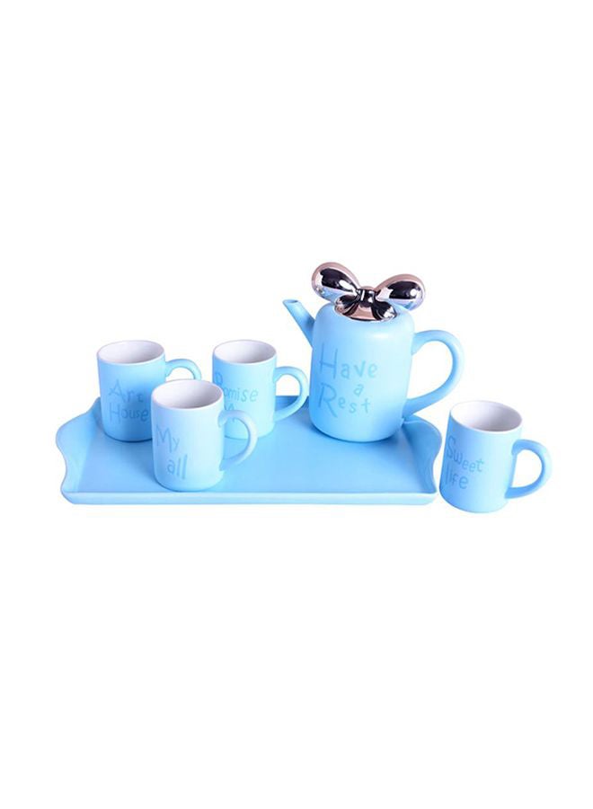 Sharpdo 6-Piece Ceramic Butterfly Knotted Teapot Set Blue 4x Tea Cup - 250, 1x Kettle - 860ml  - Image 2