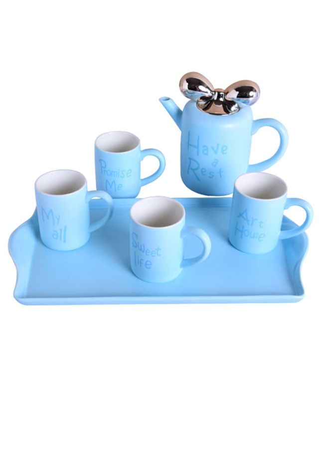 Sharpdo 6-Piece Ceramic Butterfly Knotted Teapot Set Blue 4x Tea Cup - 250, 1x Kettle - 860ml  - Image 3