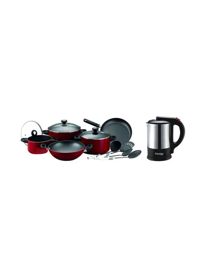 برستيج 12-Piece Non-Stick Aluminium Cookware Set With Kettle Includes 3 xCasserole 20 cm,24cm,3xLids, Skillet 28 cm, 4xKitchen Tools Red