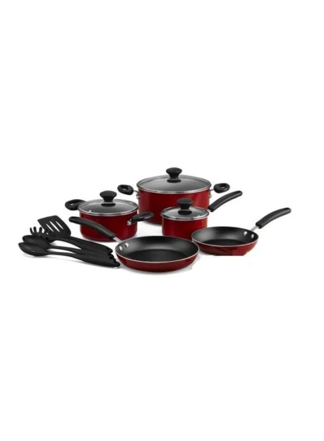 برستيج 12-Piece Non-Stick Aluminium Cookware Set With Kettle Includes 3 xCasserole 20 cm,24cm,3xLids, Skillet 28 cm, 4xKitchen Tools Red