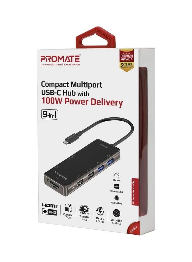 PROMATE - Compact Multiport USB-C Hub With 100W Power Delivery Black - Image 1