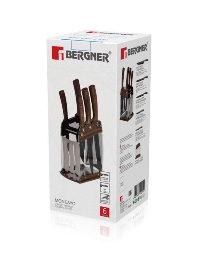 BERGNER 6-Piece Stainless Steel Knife With Holder Set Brown/Silver - Image 2