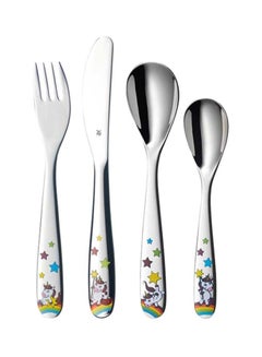 WMF 4-Piece Unicorn Child Set Silver/Blue/Green Fork 1x18.5, Spoon 1x16.5, Knife 1x16.5, Teaspoon 1x13cm  - Image 1