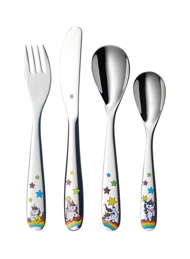 WMF 4-Piece Unicorn Child Set Silver/Blue/Green Fork 1x18.5, Spoon 1x16.5, Knife 1x16.5, Teaspoon 1x13cm  - Image 1
