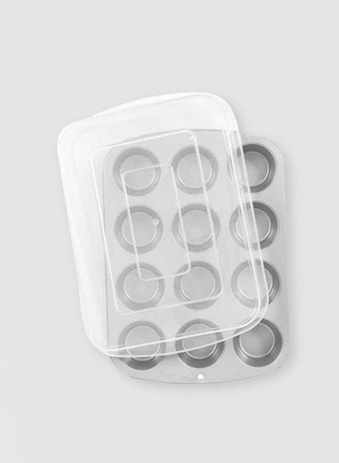 Wilton 12-Cup Covered Muffin Pan Grey/Clear 14x10.25inch - Image 3