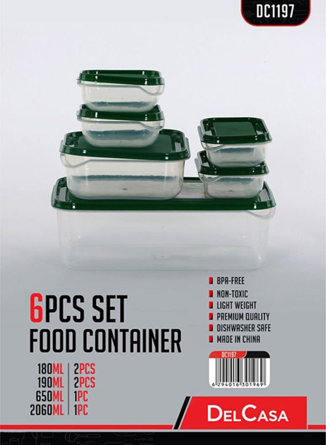 DELCASA 6-Piece Food Container Set Clear/Green Small (2x180), Medium (2x190), Large (650), Extra Large (2060)ml - Image 2
