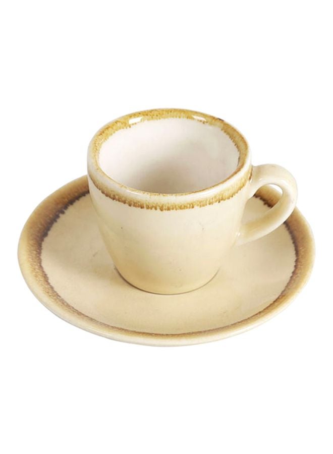 Sharpdo 2-Piece Ergonomically Designed Fade-Proof Comfortable Grip Kiln Coffee Cup And Saucer Beige/White 8.5x6x5.5cm  - Image 1