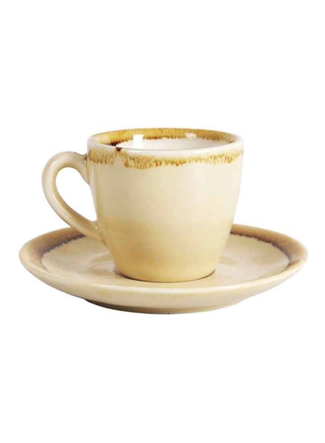 Sharpdo 2-Piece Ergonomically Designed Fade-Proof Comfortable Grip Kiln Coffee Cup And Saucer Beige/White 8.5x6x5.5cm  - Image 2
