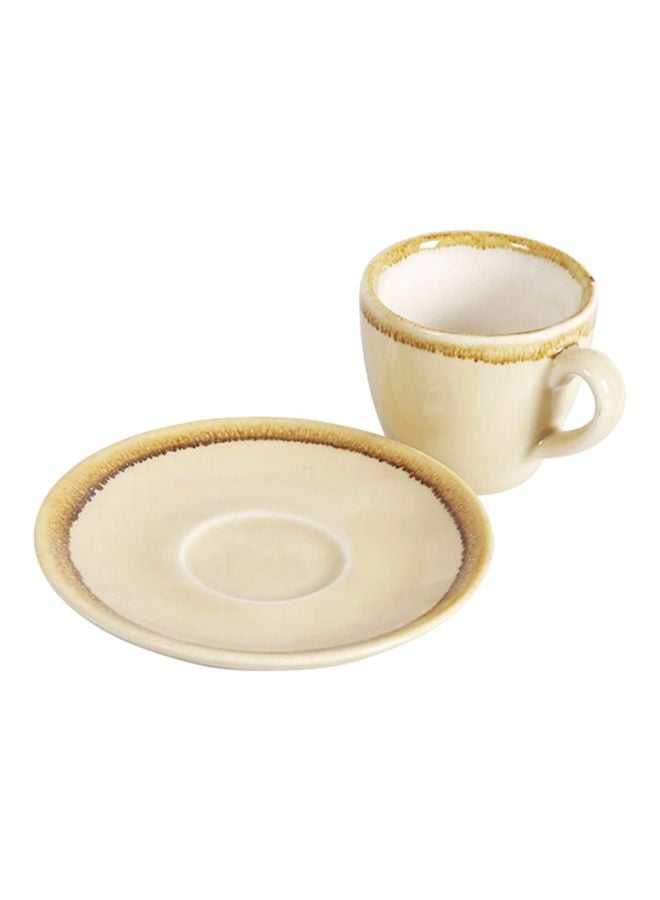 Sharpdo 2-Piece Ergonomically Designed Fade-Proof Comfortable Grip Kiln Coffee Cup And Saucer Beige/White 8.5x6x5.5cm  - Image 3