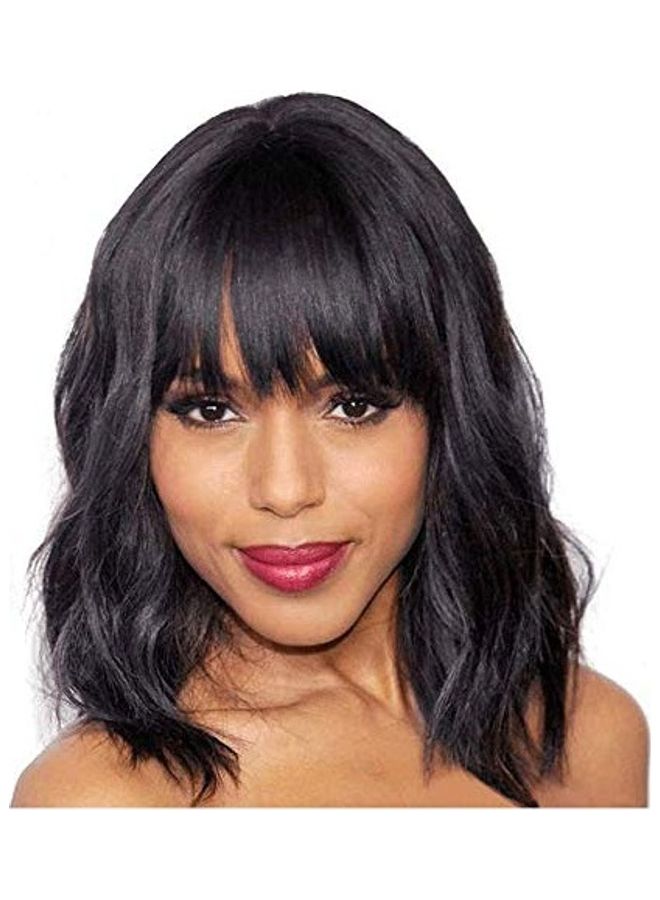 Wavy Wig With Air Bangs And Cap Black 14inch - Image 1