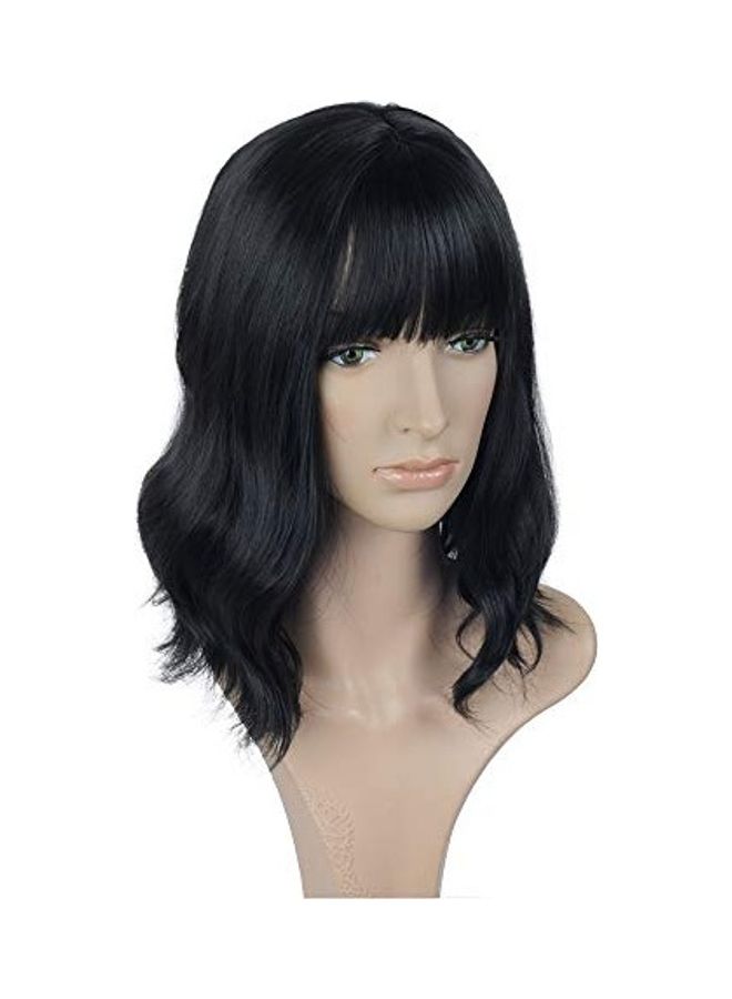 Wavy Wig With Air Bangs And Cap Black 14inch - Image 3