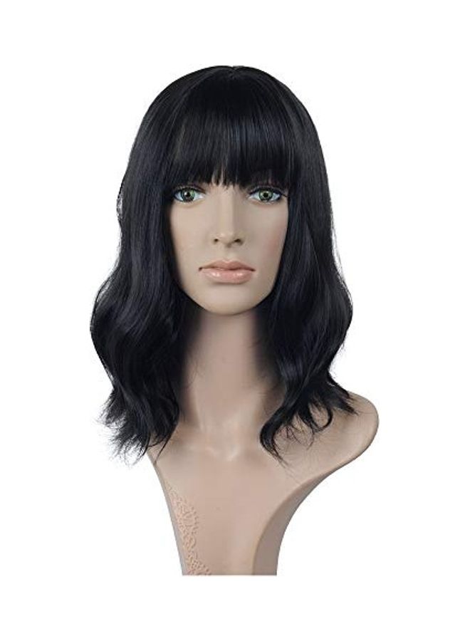 Wavy Wig With Air Bangs And Cap Black 14inch - Image 4