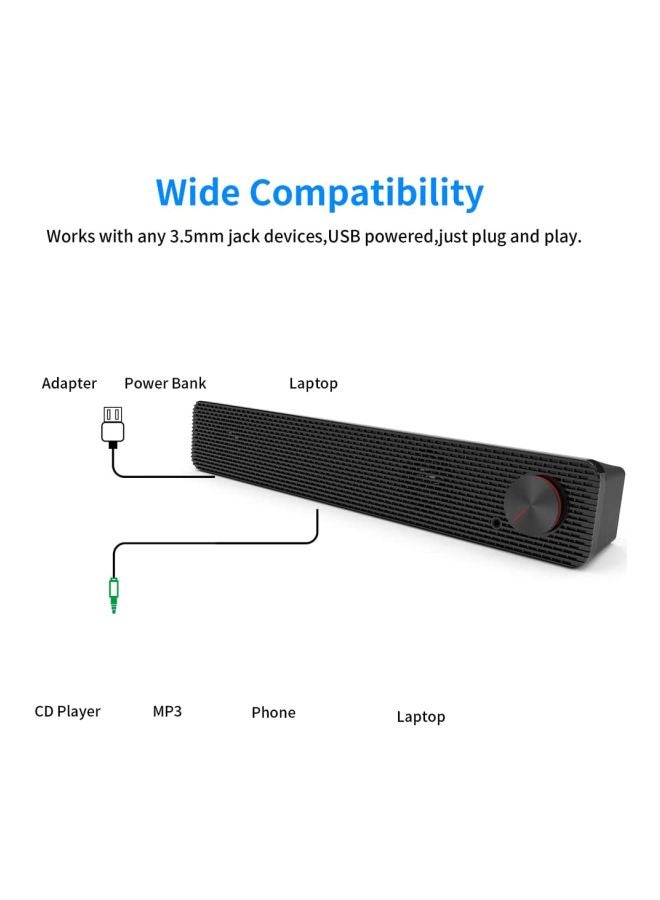 USB-Powered Soundbar Speakers for Mobile Phone Laptop Computer V6392 Black